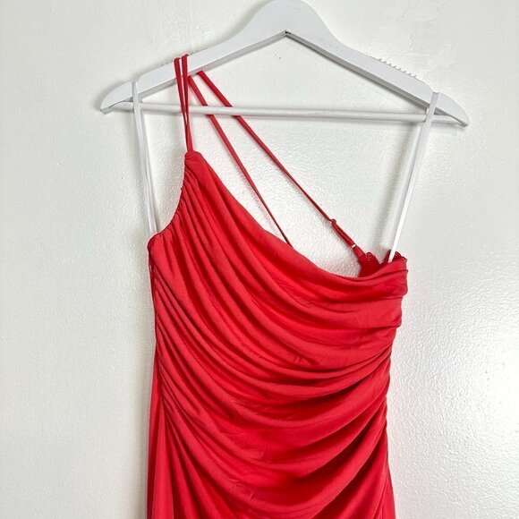 KATIE MAY Winnipeg One Shoulder Ruched Knit Gown in Coral Size Large - Picture 4 of 10